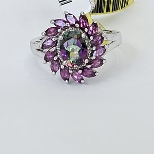 Genuine Mystic Topaz & Rhodolite Garnet Ring Platinum Over Sterling Silver Sz 6